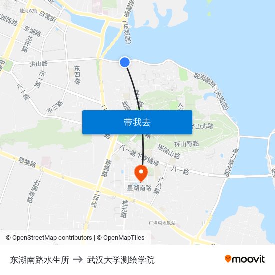 东湖南路水生所 to 武汉大学测绘学院 map