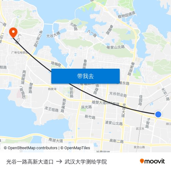 光谷一路高新大道口 to 武汉大学测绘学院 map