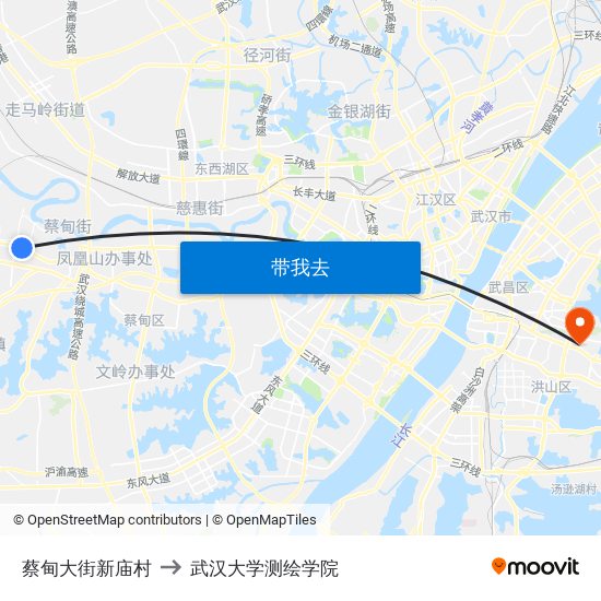 蔡甸大街新庙村 to 武汉大学测绘学院 map