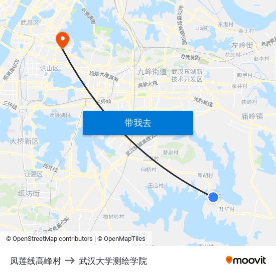 凤莲线高峰村 to 武汉大学测绘学院 map