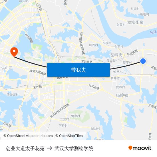 创业大道太子花苑 to 武汉大学测绘学院 map