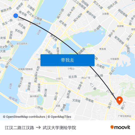 江汉二路江汉路 to 武汉大学测绘学院 map