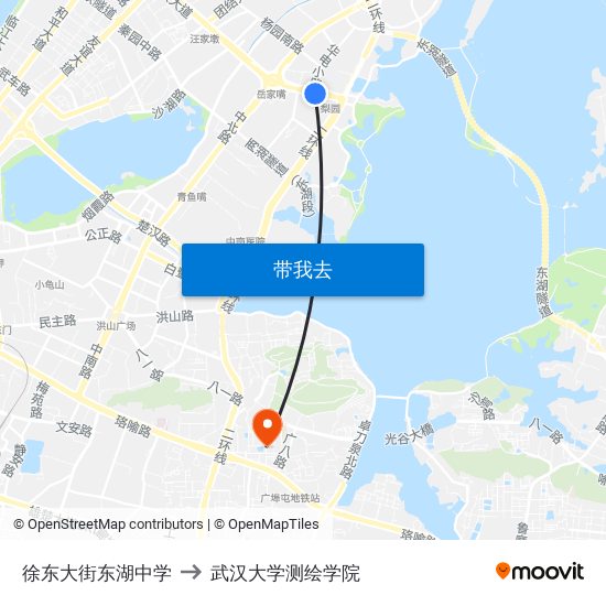 徐东大街东湖中学 to 武汉大学测绘学院 map