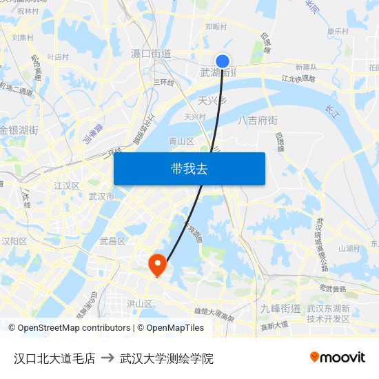 汉口北大道毛店 to 武汉大学测绘学院 map