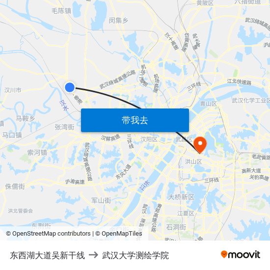 东西湖大道吴新干线 to 武汉大学测绘学院 map