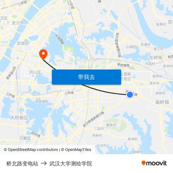 桥北路变电站 to 武汉大学测绘学院 map