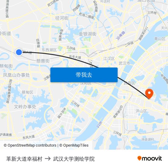 革新大道幸福村 to 武汉大学测绘学院 map