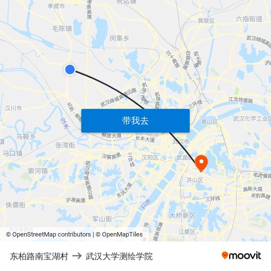 东柏路南宝湖村 to 武汉大学测绘学院 map