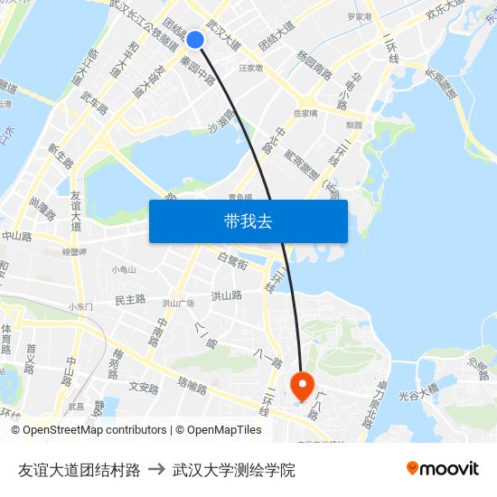 友谊大道团结村路 to 武汉大学测绘学院 map