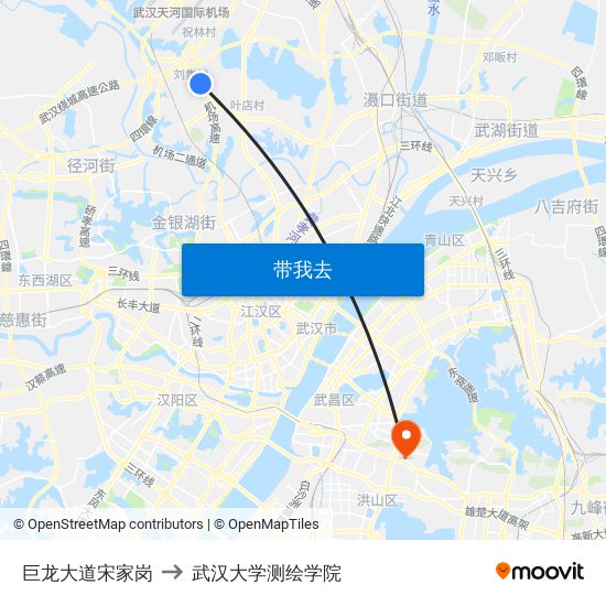 巨龙大道宋家岗 to 武汉大学测绘学院 map