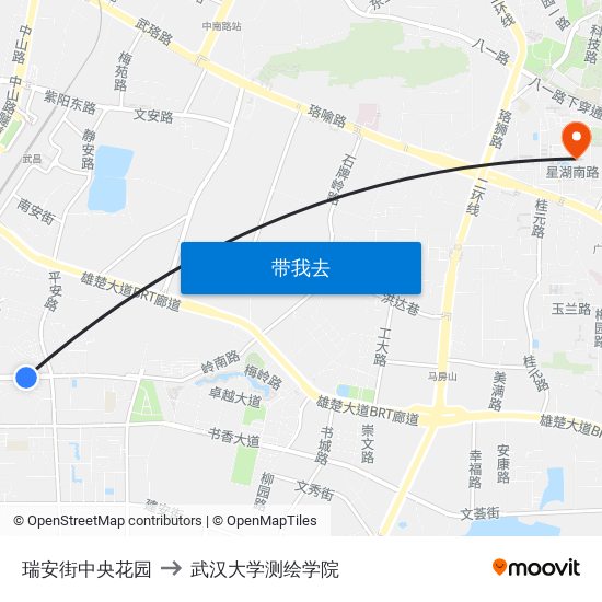 瑞安街中央花园 to 武汉大学测绘学院 map