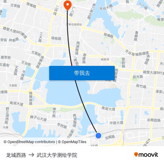 龙城西路 to 武汉大学测绘学院 map