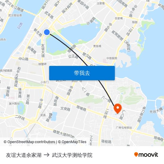 友谊大道余家湖 to 武汉大学测绘学院 map