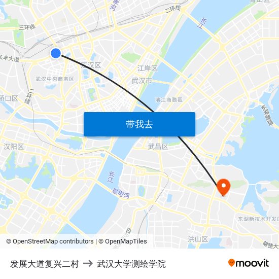 发展大道复兴二村 to 武汉大学测绘学院 map