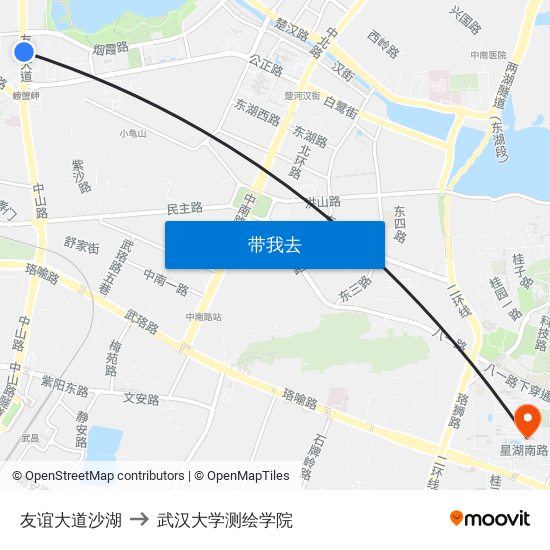 友谊大道沙湖 to 武汉大学测绘学院 map