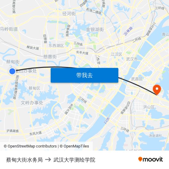 蔡甸大街水务局 to 武汉大学测绘学院 map