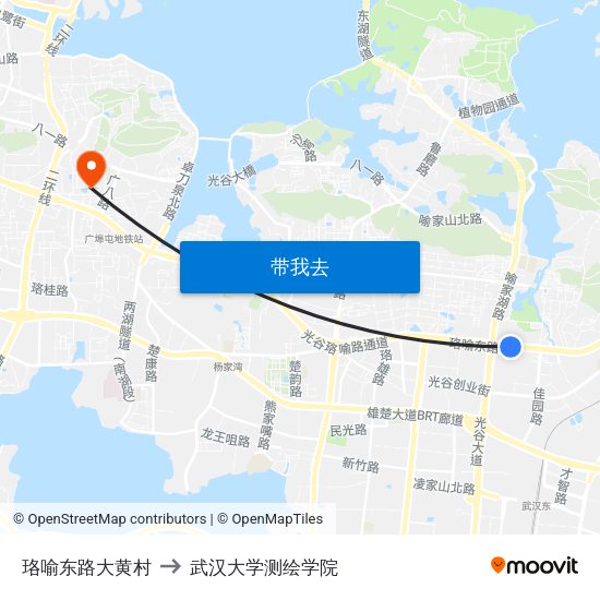 珞喻东路大黄村 to 武汉大学测绘学院 map