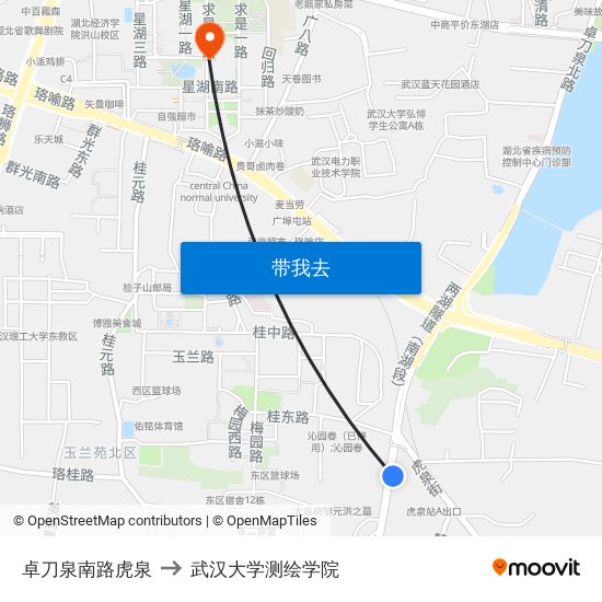 卓刀泉南路虎泉 to 武汉大学测绘学院 map