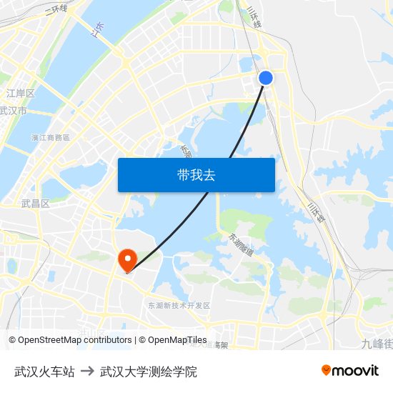 武汉火车站 to 武汉大学测绘学院 map