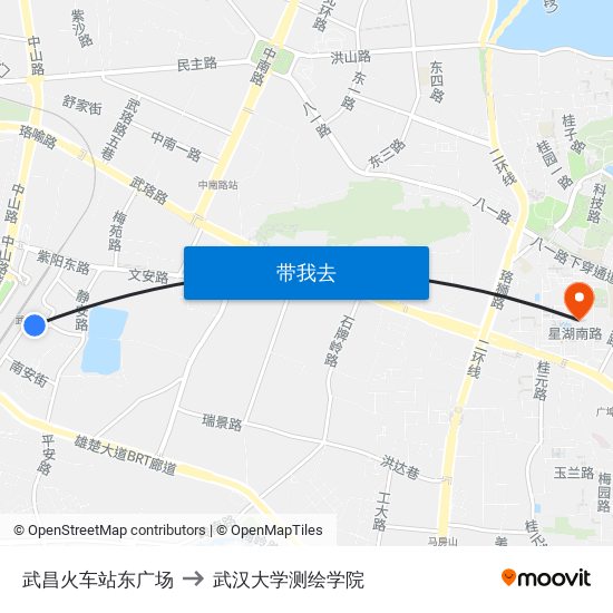 武昌火车站东广场 to 武汉大学测绘学院 map