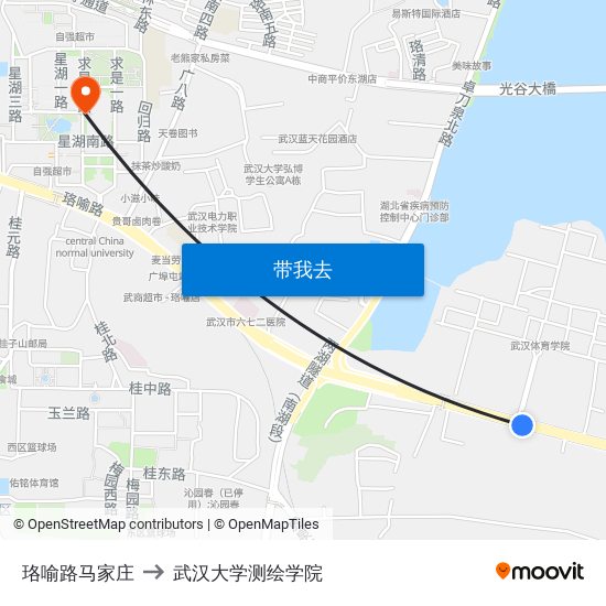 珞喻路马家庄 to 武汉大学测绘学院 map