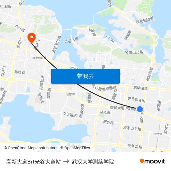 高新大道Brt光谷大道站 to 武汉大学测绘学院 map