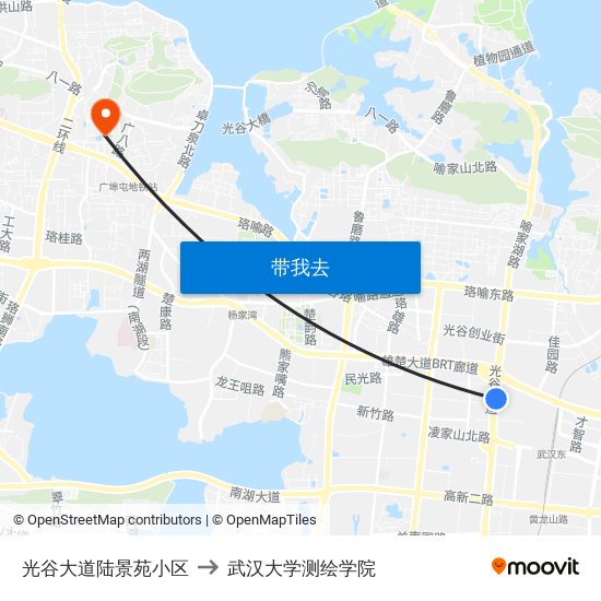 光谷大道陆景苑小区 to 武汉大学测绘学院 map