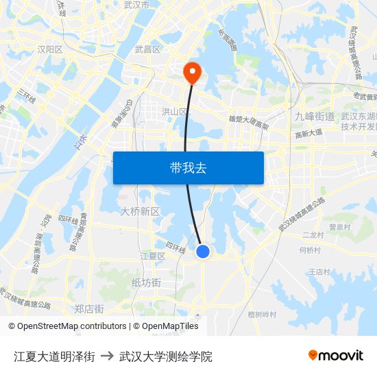 江夏大道明泽街 to 武汉大学测绘学院 map