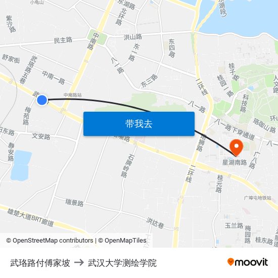 武珞路付傅家坡 to 武汉大学测绘学院 map