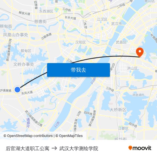 后官湖大道职工公寓 to 武汉大学测绘学院 map