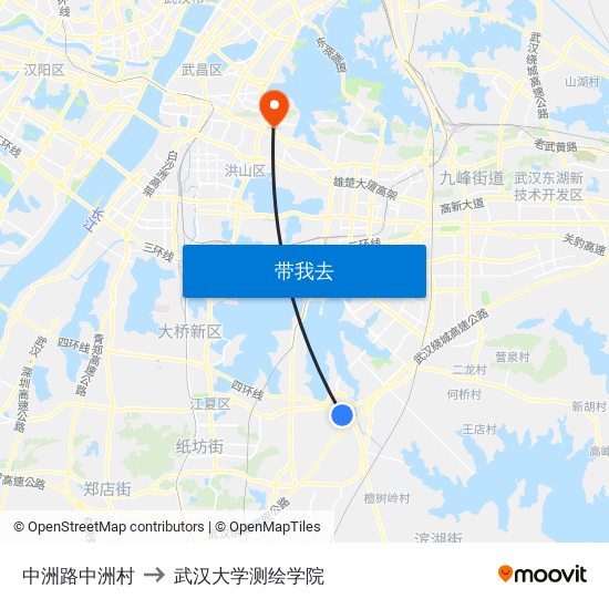 中洲路中洲村 to 武汉大学测绘学院 map
