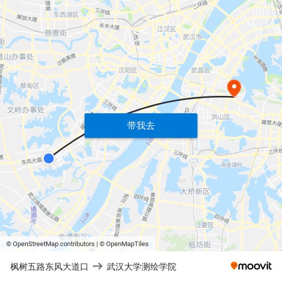 枫树五路东风大道口 to 武汉大学测绘学院 map