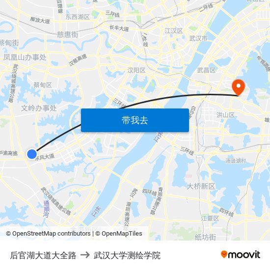 后官湖大道大全路 to 武汉大学测绘学院 map