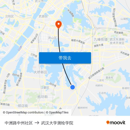 中洲路中州社区 to 武汉大学测绘学院 map