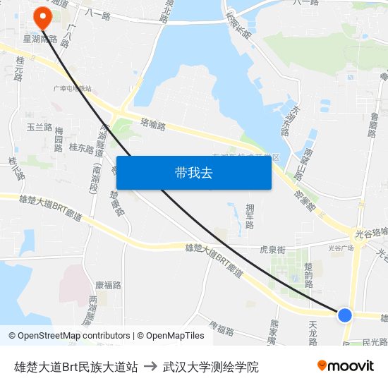 雄楚大道Brt民族大道站 to 武汉大学测绘学院 map