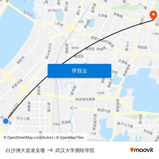 白沙洲大道凌吴墩 to 武汉大学测绘学院 map