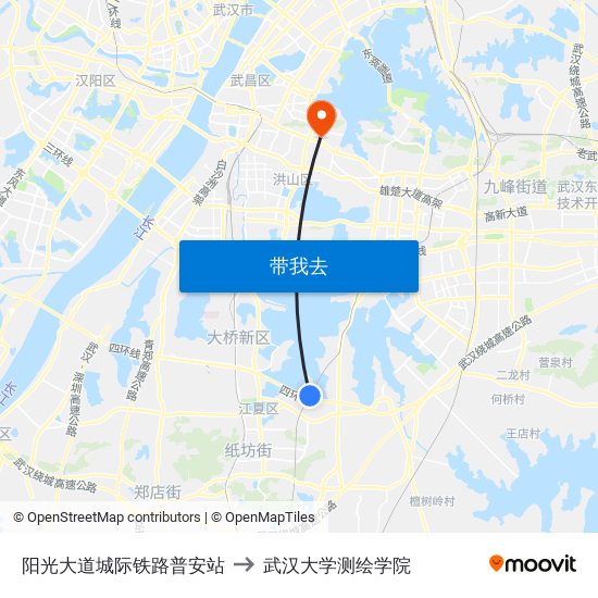 阳光大道城际铁路普安站 to 武汉大学测绘学院 map