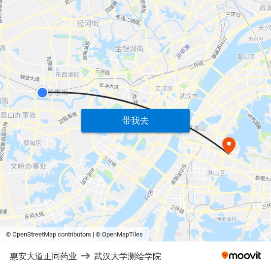 惠安大道正同药业 to 武汉大学测绘学院 map