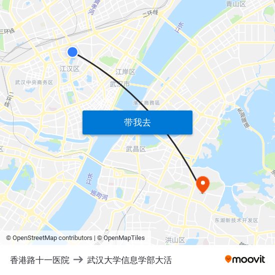 香港路十一医院 to 武汉大学信息学部大活 map