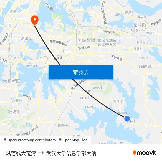 凤莲线大范湾 to 武汉大学信息学部大活 map