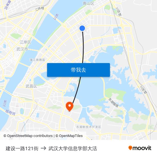 建设一路121街 to 武汉大学信息学部大活 map