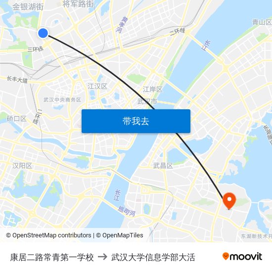 康居二路常青第一学校 to 武汉大学信息学部大活 map