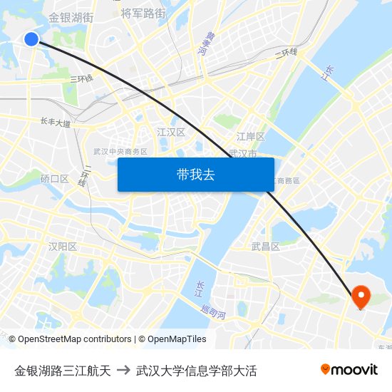 金银湖路三江航天 to 武汉大学信息学部大活 map