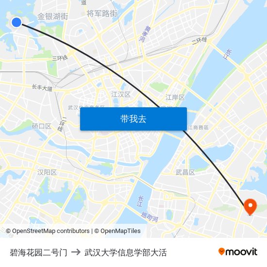 碧海花园二号门 to 武汉大学信息学部大活 map