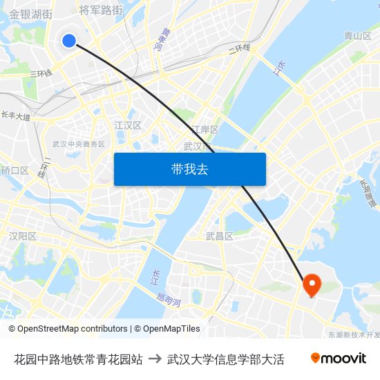 花园中路地铁常青花园站 to 武汉大学信息学部大活 map