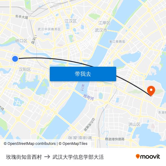 玫瑰街知音西村 to 武汉大学信息学部大活 map