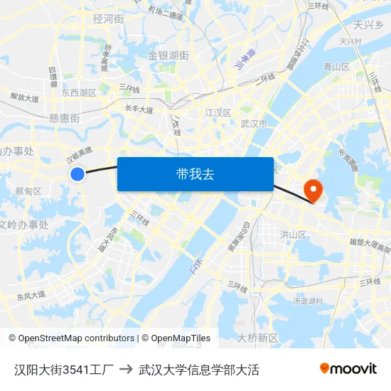 汉阳大街3541工厂 to 武汉大学信息学部大活 map