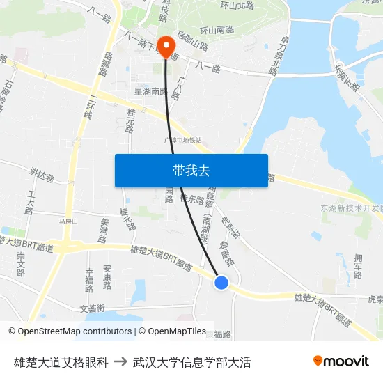 雄楚大道艾格眼科 to 武汉大学信息学部大活 map
