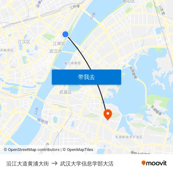 沿江大道黄浦大街 to 武汉大学信息学部大活 map
