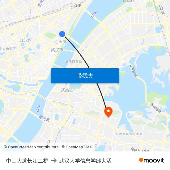 中山大道长江二桥 to 武汉大学信息学部大活 map